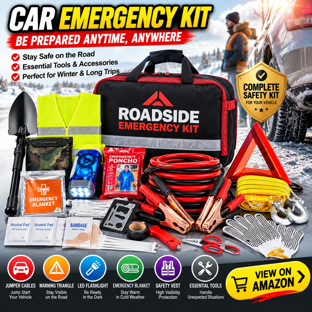 Car Emergency Kit — Roadside Emergency Kit with Jumper Cables, Warning Triangle, LED Flashlight, Emergency Blanket, Safety Vest, and Essential Tools. View on Amazon.
